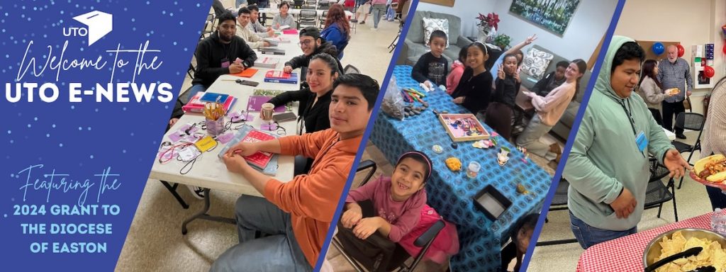 Three pictures of smiling Latino youth and children gathered around tables doing crafts and eating together.