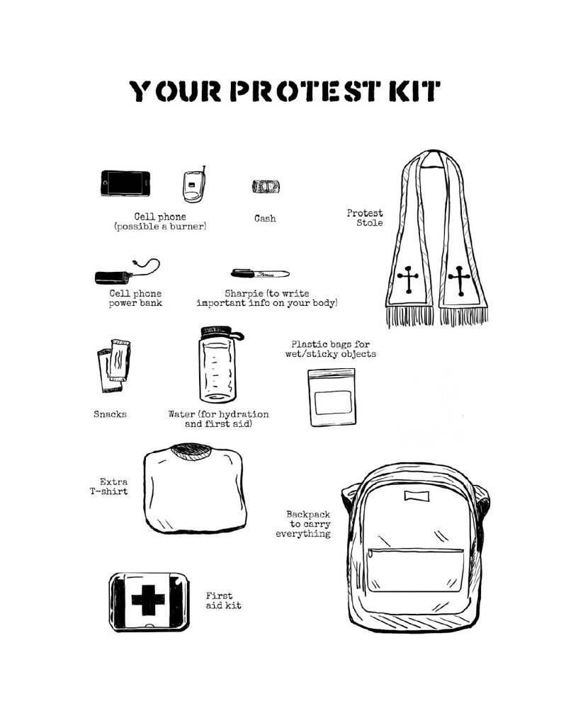 Drawings of items to include in a protest kit.