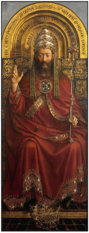 Christ the King or God the Father (wearing something that looks like the Papal tiara). Jan Van Eyck, The Ghent Altarpiece.