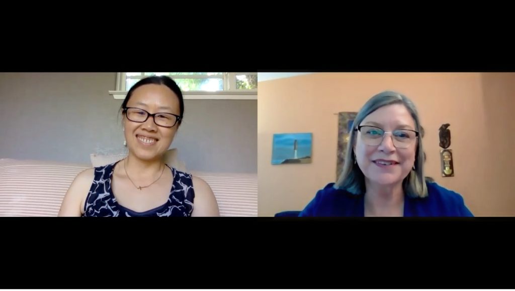 Zoom screenshot of the Rev. Salying Wong interviewing Bishop Lucinda Ashby about her experience as a Third Culture Kid as part of Storied Pilgrimage with Race